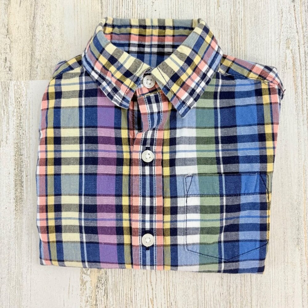 Janie and Jack Boys Sz 18 24 M Blue Yellow Plaid Button Down Long Sleeve Shirt